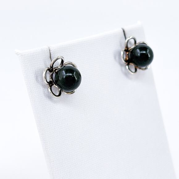 Vintage Sterling Silver 925 Black Pearl Floral Stud Earrings - Picture 3 of 8